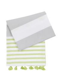 Fouta à rayures et houppes Pytris, Vert, gris, blanc