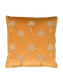 Geborduurde fluwelen kussenhoes Palms met bies, 100% fluweel (polyester), Oranje-geel, goudkleurig, 45 x 45 cm