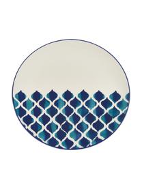 Platos llanos artesanales Ikat, 6 uds., Cerámica, Blanco, azul, Ø 26 cm