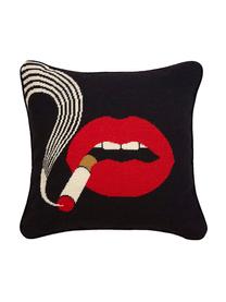 Coussin design brodé main Haze, Noir, rouge, larg. 45 x long. 45 cm