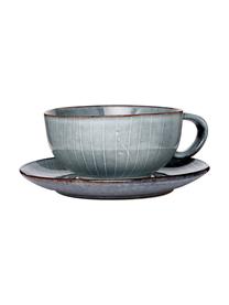 Handgemachte Tasse mit Untertasse Nordic Sea, Steingut, Graublau, Ø 11 x H 5 cm, 250 ml