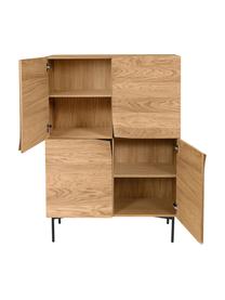 Highboard Filip van eikenhoutfineer met deuren, Frame: multiplex met eikenhoutfi, Poten: gepoedercoat metaal, Eikenhoutkleurig, zwart, B 100 x H 140 cm