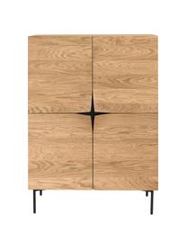 Highboard Filip van eikenhoutfineer met deuren, Frame: multiplex met eikenhoutfi, Poten: gepoedercoat metaal, Eikenhoutkleurig, zwart, B 100 x H 140 cm