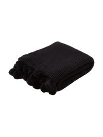 Coperta a maglia color nero con pompon Molly, 100% cotone, Nero, Larg. 130 x Lung. 170 cm