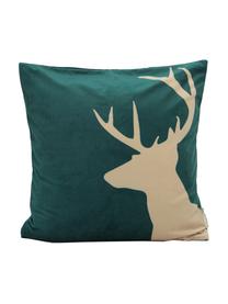 Fluwelen kussenhoes Reindeer, Polyesterfluweel, Groen, beige, 45 x 45 cm