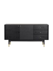 Schwarzes Sideboard Fenwood mit Schubladen mit Eichenholzfurnier, Korpus: Mitteldichte Holzfaserpla, Füße: Eichenholz, massiv, lacki, Schwarz, Messingfarben, B 160 x H 79 cm