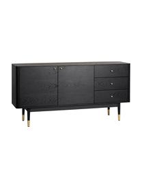 Schwarzes Sideboard Fenwood mit Schubladen mit Eichenholzfurnier, Korpus: Mitteldichte Holzfaserpla, Schwarz, Messingfarben, B 160 x H 79 cm