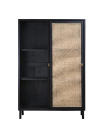 Schrank Retro mit Wiener Geflecht und Schiebetüren, 2-türig, Korpus: Sungkai-Holz, Füße: Metall, beschichtet, Griffe: Messing, Beige, Schwarz, B 95 x H 140 cm