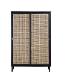 Schrank Retro mit Wiener Geflecht und Schiebetüren, 2-türig, Korpus: Sungkai-Holz, Füße: Metall, beschichtet, Griffe: Messing, Beige, Schwarz, B 95 x H 140 cm