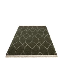 Hoogpolig vloerkleed Mila in bosgroen/beige met grafisch patroon, 100% polypropyleen, Bosgroen, beige, B 80 x L 150 cm (maat XS)