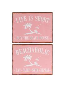 Señales decorativas Beach, 2 uds., Metal recubierto, Rosa, blanco, L 35 x Al 27 cm