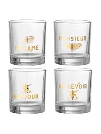 Vasos con letras Takki, 4 uds., Vidrio, estampado, Transparente, Ø 8 x Al 9 cm