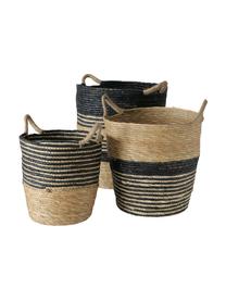 Panier de rangement fait main Ryka, 3 élém., Fibres de Xanthorrhoea, Noir, beige, Lot de différentes tailles