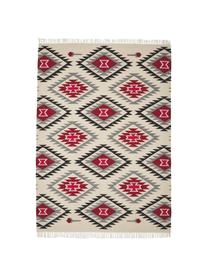 Kilim en laine tissé main Zohra Rose, Beige, gris, noir, rouge