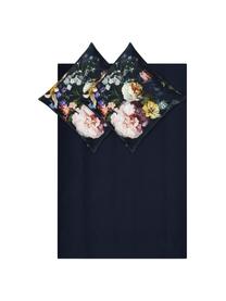 Baumwollsatin-Bettwäsche Fleur mit Blumen-Muster, Webart: Satin Fadendichte 209 TC,, Vorderseite: Nachtblau, Weiß, Gelb; Rückseite: Nachtblau, 155 x 220 cm + 1 Kissen 80 x 80 cm