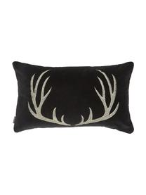 Samt-Kissen Embroidered Antler mit Hirsch-Motiv in Schwarz, Bezug: 100% Baumwollsamt, Schwarz, Beige, B 30 x L 50 cm