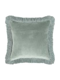 Housse de coussin en velours vert sauge à franges Phoeby, Coton, Vert sauge, larg. 40 x long. 40 cm