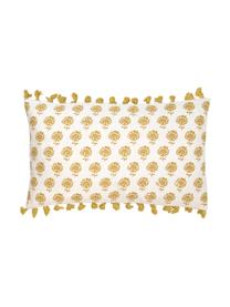 Housse de coussin rectangulaire houppes Poesy, Blanc, jaune