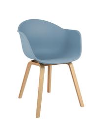 Chaise à accoudoirs en plastique avec pieds en bois Claire, Coque : bleu Pieds : bois de hêtre