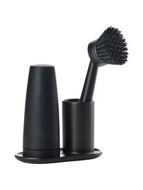 Distributeur de détergent avec brosse à vaisselle Plain, 3 élém., Céramique, plastique (ABS), silicone, Noir, larg. 15 x prof. 8 cm