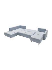 Divano letto angolare in tessuto azzurro con contenitore Mola, Rivestimento: 100% poliestere, Struttura: legno, truciolato, Piedini: legno, Azzurro, rosa chiaro, Larg. 324 x Prof. 215 cm