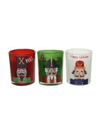 Kerzen Nussknacker H 9 cm, 3 Stück, Behälter: Glas, Rot, Weiß, Grün, Ø 7 x H 9 cm