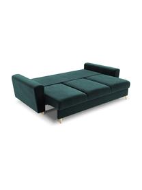 Sofa rozkładana z aksamitu z miejscem do przechowywania Moghan (3-osobowa), Tapicerka: 100% aksamit poliestrowy , Stelaż: lite drewno sosnowe, płyt, Nogi: metal powlekany, Aksamit w kolorze petrol, odcienie złotego, S 235 x G 100 cm