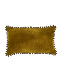 Fluwelen kussenhoes Avoriaz in donkergeel met pompoms, 70% polyester fluweel, 30% acryl, Mosterdgeel, grijs, 30 x 50 cm