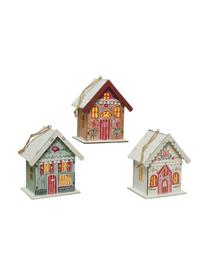 Set 3 oggetti luminosi a LED a batteria Winter House, Legno rivestito, Multicolore, Larg. 11 x Alt. 13 cm