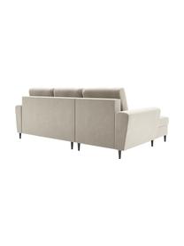 Sofá rinconera cama de terciopelo Moghan (3 plazas), con espacio de almacenamiento, Tapizado: terciopelo de poliéster A, Estructura: madera de pino maciza, ma, Patas: metal pintado, Terciopelo beige, patas negro, An 241 x F 145 cm, chaise longue izquierda