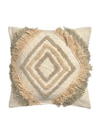 Federa arredo boho con frange decorative Joana, 100% cotone, Beige, taupe, verde salvia, Larg. 45 x Lung. 45 cm