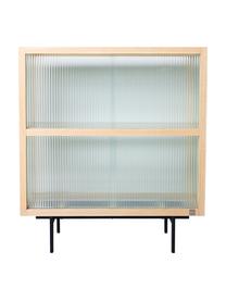 Highboard Oli met glazen schuifdeuren, Frame: essenhout, Poten: gepoedercoat metaal, Transparant, lichtbruin, zwart, B 80 x H 89 cm
