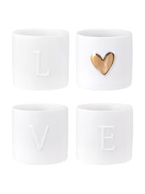 Set de portavelas de porcelana Love, 4 uds., Porcelana, Blanco, dorado, Ø 5 x Al 5 cm