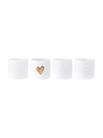 Porseleinen waxinelichthouder-set Love, 4-delig, Porselein, Wit, goudkleurig, Ø 5 x H 5 cm