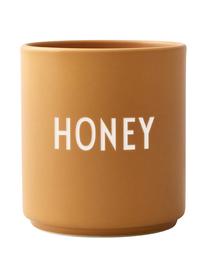 Design beker Favourite HONEY in mosterdgeel met opschrift, Fine Bone China (porselein), Mosterdgeel, wit, Ø 8 x H 9 cm