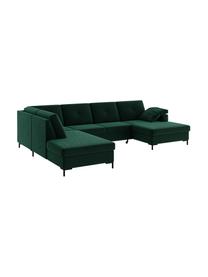 Divano letto angolare in tessuto verde scuro con contenitore Moor, Rivestimento: 100% poliestere con siste, Struttura: legno duro, legno tenero,, Piedini: legno verniciato Il rives, Verde scuro, Larg. 335 x Prof. 235 cm