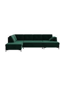 Divano letto angolare in tessuto verde scuro con contenitore Moor, Rivestimento: 100% poliestere con siste, Struttura: legno duro, legno tenero,, Piedini: legno verniciato Il rives, Verde scuro, Larg. 335 x Prof. 235 cm