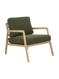 Fauteuil scandi Becky, Tissu vert foncé, bois de chêne, larg. 73 x haut. 71 cm