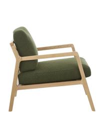 Fauteuil scandi Becky, Tissu vert foncé, bois de chêne, larg. 73 x haut. 71 cm