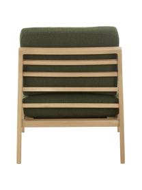 Fauteuil scandi Becky, Tissu vert foncé, bois de chêne, larg. 73 x haut. 71 cm