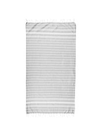 Telo fouta a righe con frange Surfside, 100% cotone, Grigio chiaro, Larg. 90 x Lung. 170 cm