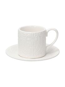 Tazza da espresso in porcellana con piattini con ornamento in rilievo Ornament 6 pz, Porcellana, Bianco, Ø 6 x Alt. 4 cm