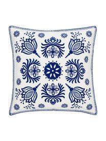 Housse de coussin 45x45 brodée ethnique Folk, 100 % coton, Bleu, blanc, larg. 45 x long. 45 cm