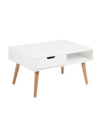 Salontafel Mitra met lades in scandi design, Tafelblad: gelakt MDF, Poten: geolied eikenhout, Tafelblad: mat wit. Poten: eikenhout, 80 x 46 cm