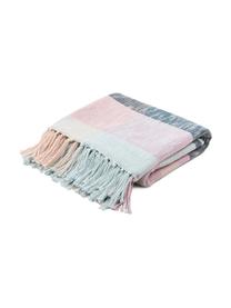 Geruite katoenen plaid Karen met franjes in pasteltinten, 100% katoen, Blauw, B 130 x L 170 cm