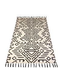 Alfombra de lana con flecos Jazmin, estilo étnico, 80% algodón, 20% poliéster, Beige, negro, An 160 x L 220 cm (Tamaño M)