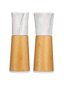 Marmeren zout- en peperstrooierset Dyta, 2-delig, Bamboe, marmer, keramiek, Bamboekleurig, wit, gemarmerd, Ø 6 x H 18 cm