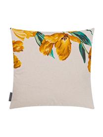 Wendekissenhülle Tulipa mit Tulpenprint, 85% Baumwolle, 15% Leinen, Beige, Gelb, Grün, 50 x 50 cm