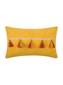 Cuscino giallo con imbottitura e nappe Majorque, 100% cotone, Giallo, rosso, Larg. 35 x Lung. 55 cm