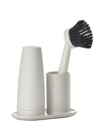 Distributeur de détergent avec brosse à vaisselle Plain, 3 élém., Céramique, silicone, plastique (ABS), Gris clair, larg. 15 x haut. 22 cm